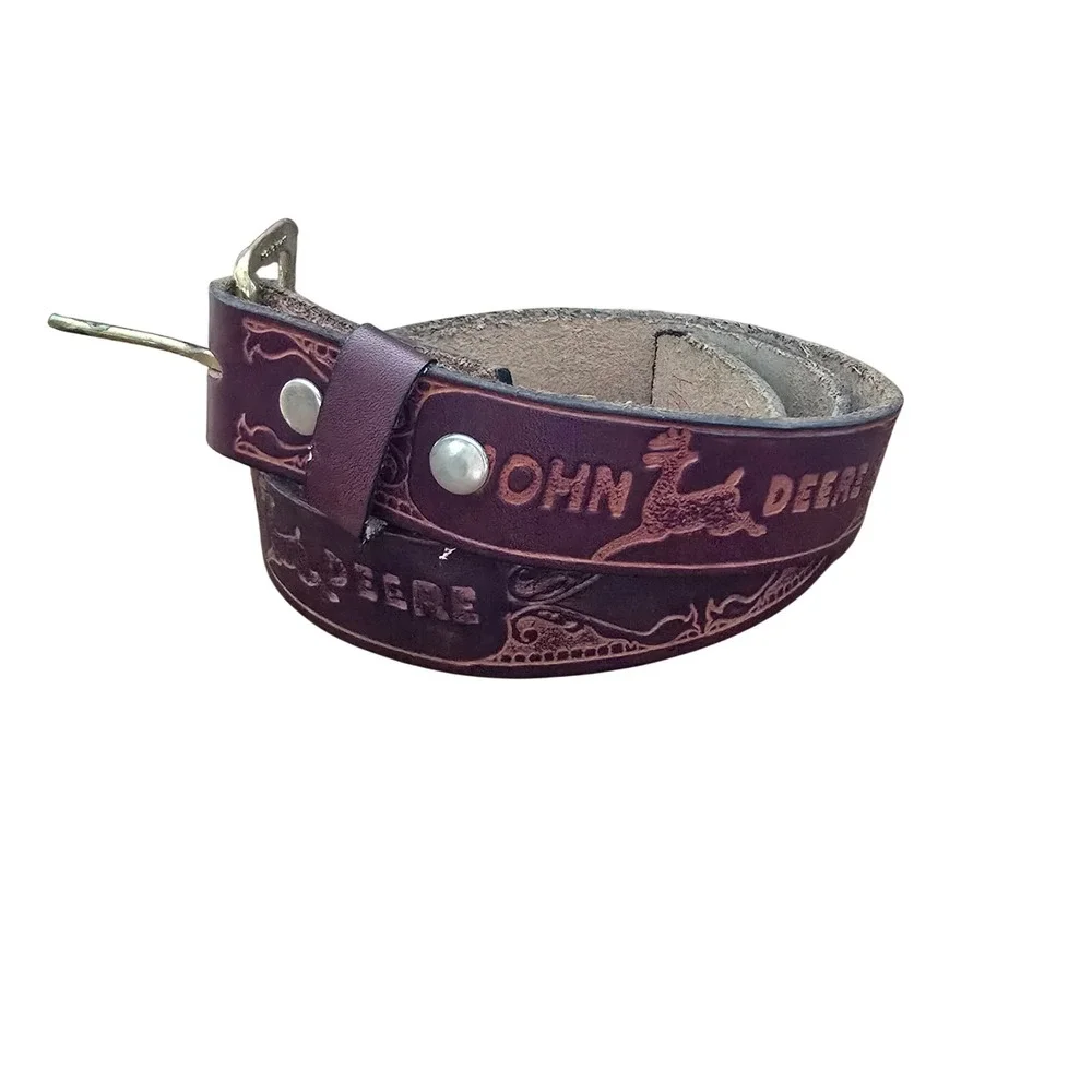 John Deere Vintage Genuine Leather Embossed Logo Belt Brown Made in USA Size 44